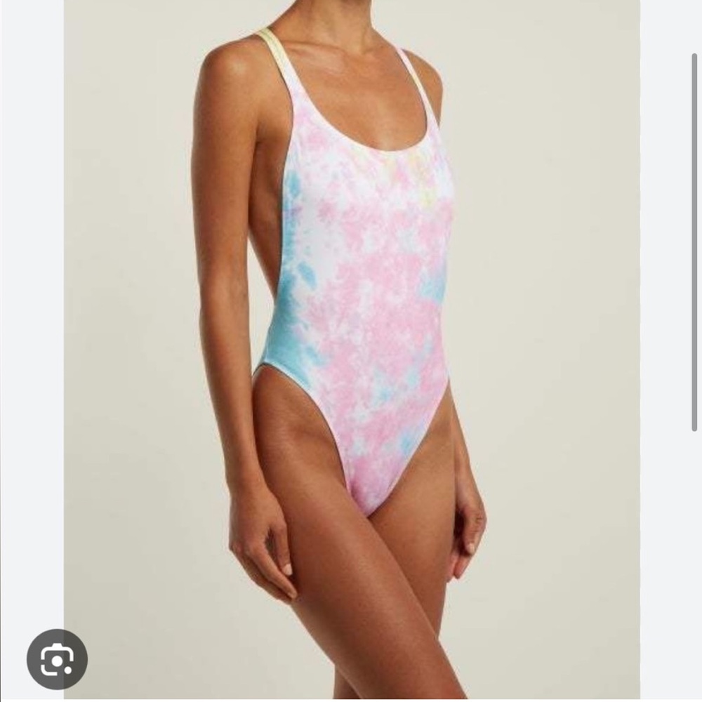 Solid and striped x redone tie dye one piece 80s style bathing suit